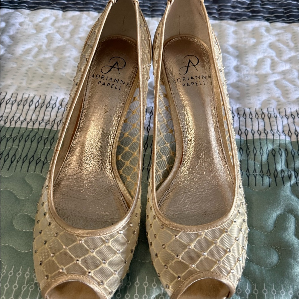Adrianna Papell Metallic Gold Peep-Toe Heels
